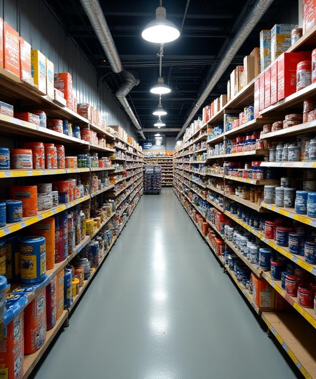 A clean and well-organized aisle inside Spanner & Spoke Supply.